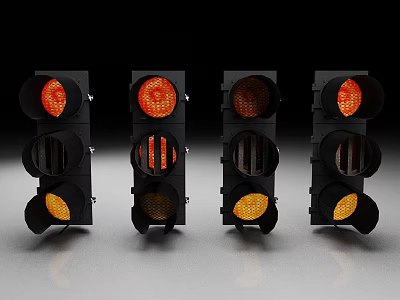 Four Illuminated Outdoor Traffic Lights With Black Housing And Red Yellow Green Lamps 3d model
