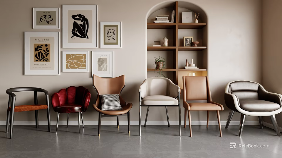 Stylish Single Chairs In Various Styles And Diverse Colors With Decorative Paintings And Bookshelf 3d model 