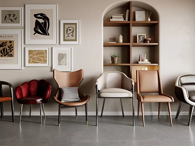 Stylish Single Chairs In Various Styles And Diverse Colors With Decorative Paintings And Bookshelf 3d model