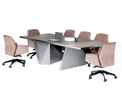 Modern Conference Table With Pink Office Chairs Laptop And Green Cup 3d model