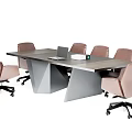 Modern Conference Table With Pink Office Chairs Laptop And Green Cup