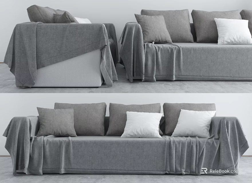 Cozy Gray Multi Seater Sofa With Plush Pillows And Soft Blanket 3d model