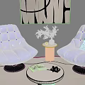 Modern Brown Leather Armchairs With Swivel Design Tufted Details Green Plant And Abstract Painting