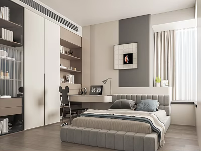 Modern Kids Room Interior With Comfortable Bed Study Desk Bookshelves And Bright Window 3d model