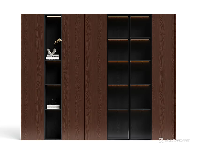 Modern Home Bookcase With Wooden Panels Black Shelves And Multiple Compartments 3d model 