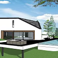 Modern Detached Villa Featuring Wooden Exterior Large Glass Windows Green Lawn and Trees