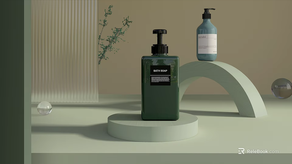 Elegant Perfume Cosmetics Display With Green And Blue Bottles On Arched Stand And Decorative Plant 3d model 