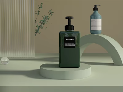 Elegant Perfume Cosmetics Display With Green And Blue Bottles On Arched Stand And Decorative Plant 3d model