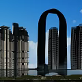 Modern Skyscraper Office Building With Arch Shaped Design Glass Curtain Wall Water Feature And Greenery