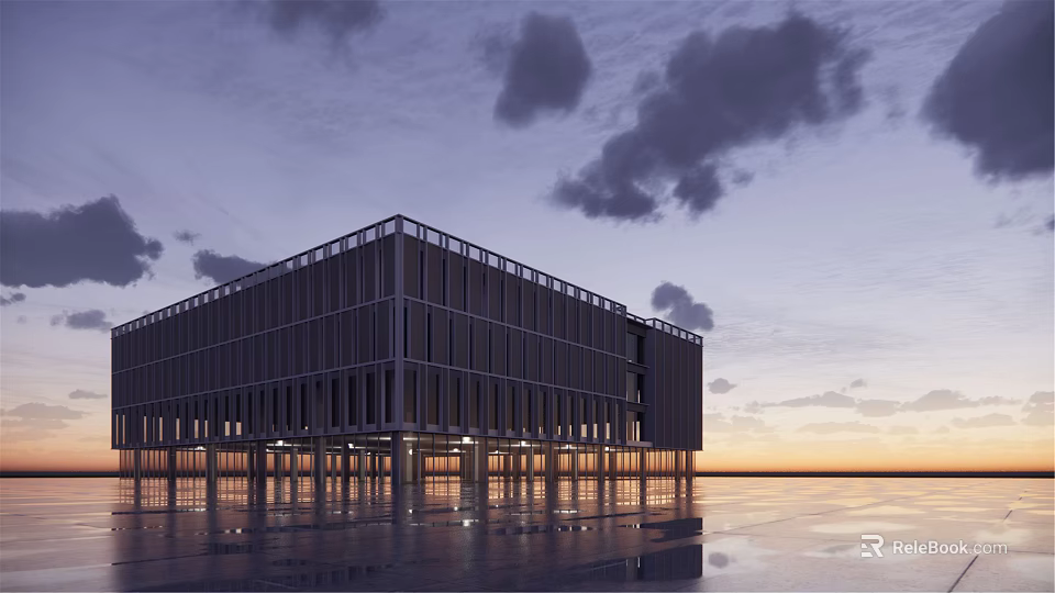 Modern Glass Building Exterior At Sunset With Cloudy Sky And Reflections 3d model 