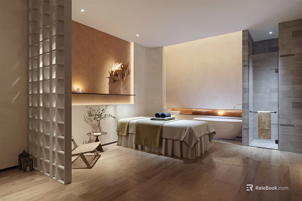 Luxurious SPA Sauna Interior With Massage Table Bathtub Wooden Floor And Soft Lighting 3d model 