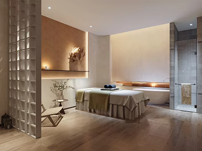 Luxurious SPA Sauna Interior With Massage Table Bathtub Wooden Floor And Soft Lighting 3d model