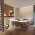 Luxurious SPA Sauna Interior With Massage Table Bathtub Wooden Floor And Soft Lighting