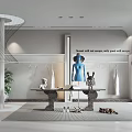 Modern Clothing Store Interior With Blue Mannequin Hanging Racks Display Table And Decorative Plants