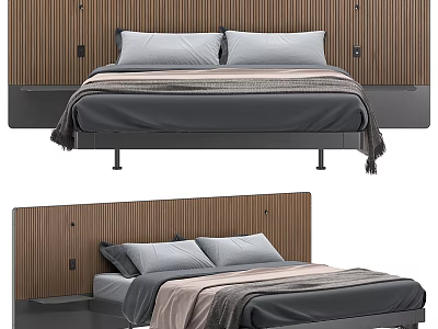 Modern Minimalist Double Bed With Wooden Striped Headboard Gray Mattress And Light Pillows 3d model