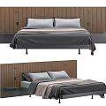 Modern Minimalist Double Bed With Wooden Striped Headboard Gray Mattress And Light Pillows