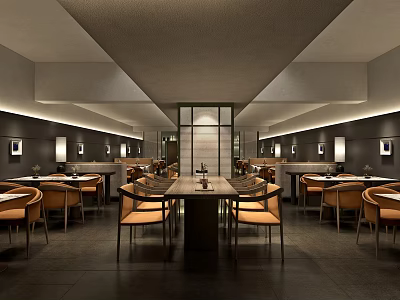Modern Restaurant Interior Design With Dining Tables Chairs And Warm Lighting 3d model