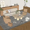 Modern Beige Sofa And Coffee Table Set With Armchairs Decorative Plants And Rug