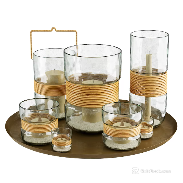 Decorative Glass Candle Holders with Woven Rope and Candles in Various Sizes on Tray 3d model 