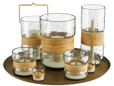 Decorative Glass Candle Holders with Woven Rope and Candles in Various Sizes on Tray 3d model