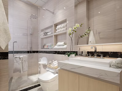 Bright Modern Bathroom With Marble Vanity Built In Storage And Clear Glass Shower Enclosure 3d model