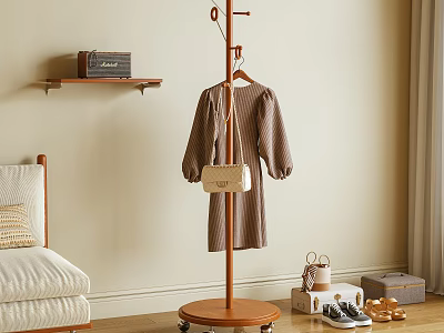 Wooden Standing Coat Rack With Hanging Dress And Handbag Near Sofa And Shoes 3d model
