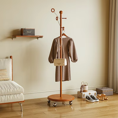 Wooden Standing Coat Rack With Hanging Dress And Handbag Near Sofa And Shoes 3d model