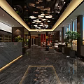 Elegant Modern Shop Front Desk With Marble Countertop Chandelier Green Plants And Sofa Seating