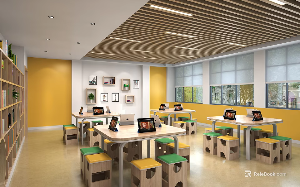School Modern Classroom With Yellow Walls Wooden Ceiling Large Windows Tablets And Natural Light 3d model 