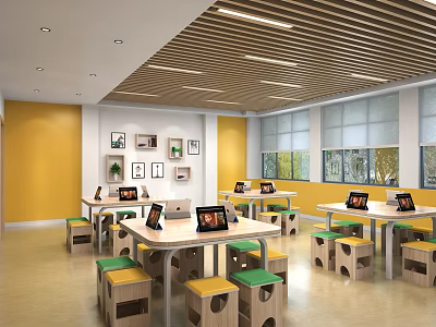 School Modern Classroom With Yellow Walls Wooden Ceiling Large Windows Tablets And Natural Light 3d model