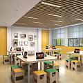 School Modern Classroom With Yellow Walls Wooden Ceiling Large Windows Tablets And Natural Light