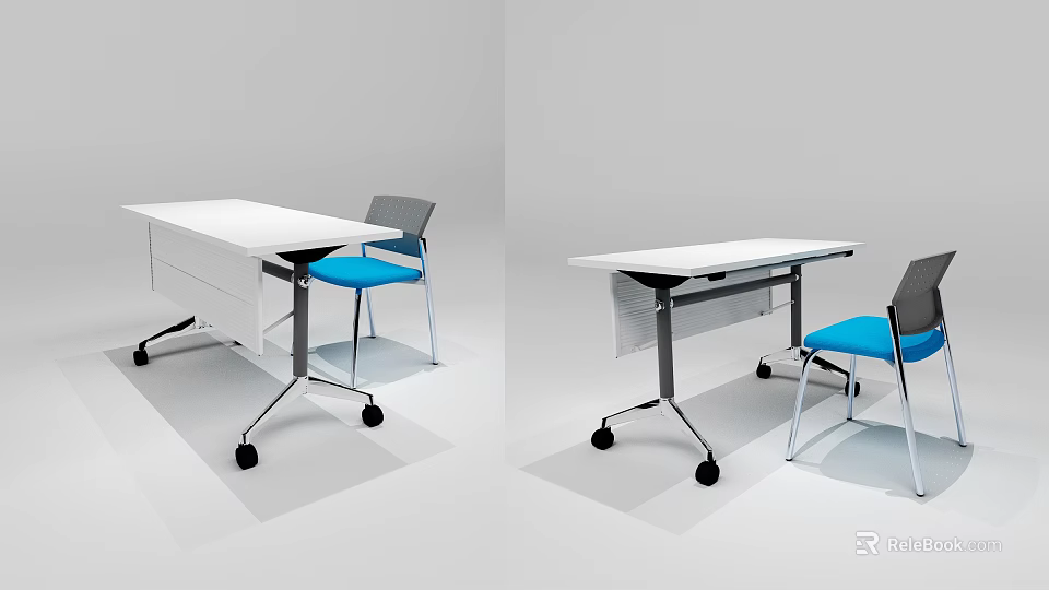 Modern Work Desk With White Desktop On Wheels And Blue Chair Design 3d model 