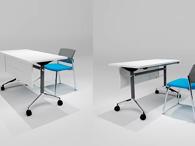 Modern Work Desk With White Desktop On Wheels And Blue Chair Design 3d model