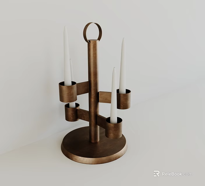 Modern Brass Candle Holder With Four Candles Circular Base And Ring Design 3d model 