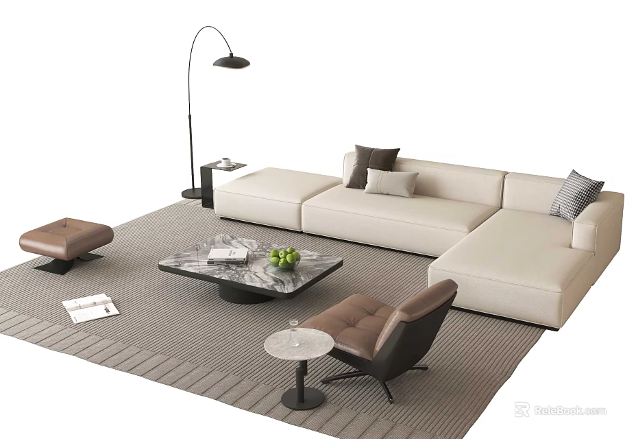 Modern Beige Sectional Sofa And Marble Coffee Table Set With Floor Lamp 3d model