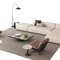 Modern Beige Sectional Sofa And Marble Coffee Table Set With Floor Lamp 3d model