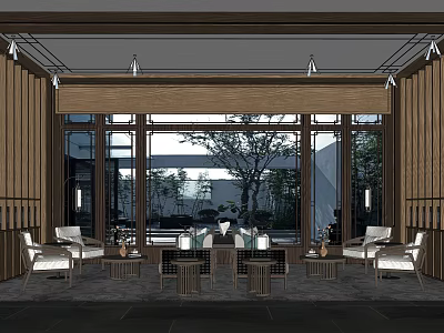 Serene Lounge Area Featuring Wooden Walls Large Windows And Outdoor Greenery With Sofas Coffee Tables 3d model