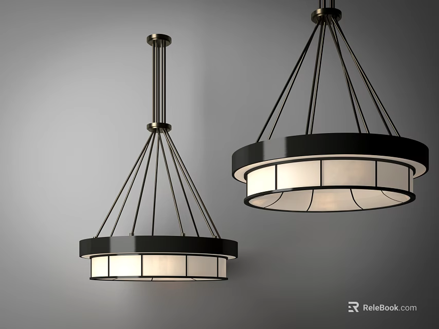 Modern Pendant Lights With Black Metal Frame And White Frosted Glass Shades 3d model 
