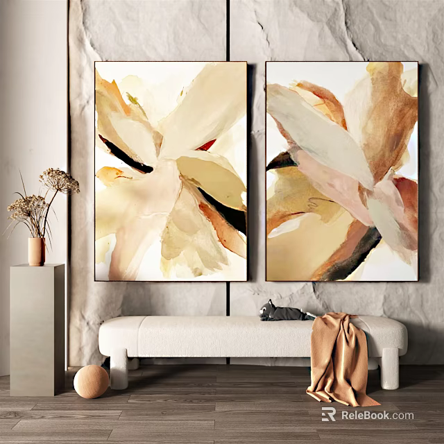Abstract Art Paintings In Beige Brown Tones With Bench And Dried Plant Vase 3d model 