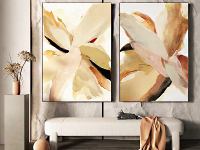 Abstract Art Paintings In Beige Brown Tones With Bench And Dried Plant Vase 3d model
