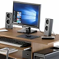 Wooden Office Desk Setup With Computer Monitor Keyboard Mouse Speakers And Chair