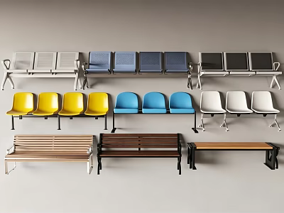 Public Chairs In Various Colors And Styles With Metal Frames And Wooden Seats 3d model