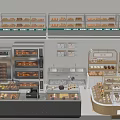 Bakery Display Shelves With Glass Cases Bread Pastries Cashier Counter And Ovens
