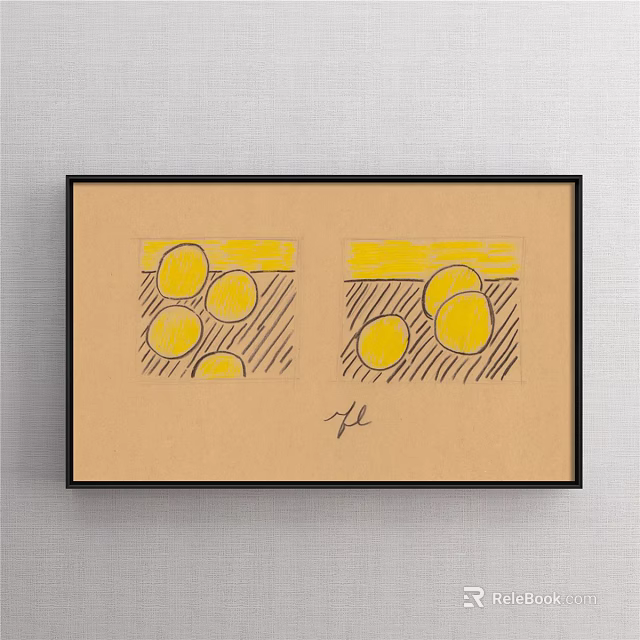 Framed Artwork With Two Yellow Circular Patterns Black Lines And Signature On Light Brown Paper 3d model 