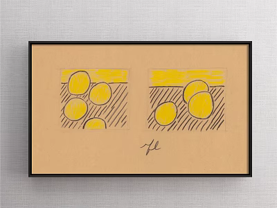 Framed Artwork With Two Yellow Circular Patterns Black Lines And Signature On Light Brown Paper 3d model