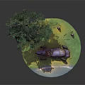 Scenic Diorama With Circular Green Ground Purple Car Tall Tree And Small Plants