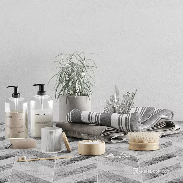 Stylish Bathroom Accessories Including Soap Dispensers Towel Brush And Potted Plant 3d model 