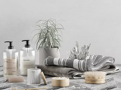 Stylish Bathroom Accessories Including Soap Dispensers Towel Brush And Potted Plant 3d model
