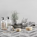 Stylish Bathroom Accessories Including Soap Dispensers Towel Brush And Potted Plant