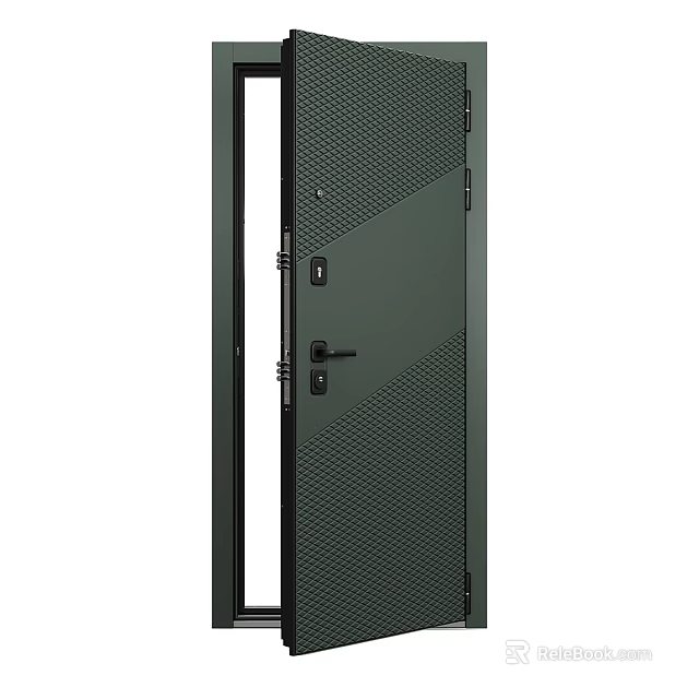 Modern Dark Green Swing Door With Perforated Panels And Black Frame 3d model 